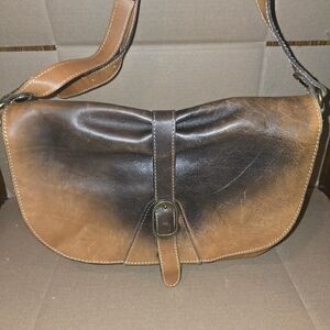 Patricia Nash Brown and Black Leather Messenger Bag with Buckle Closure